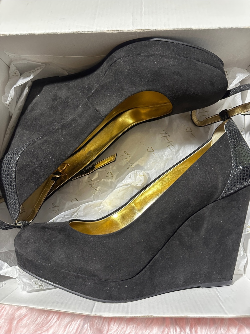 Thalia Sodi Black Suede Wedge Heel with gold accent W11